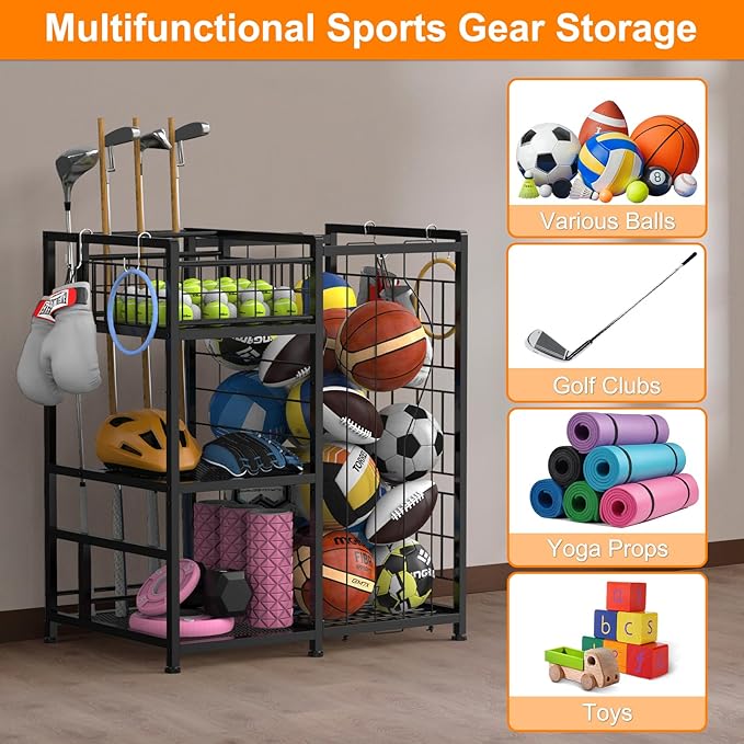 HEOMU Sports Equipment Organizer with Elastic Cords and 4 Hooks, Metal Garage Ball Organizer for Indoor Outdoor, Ball Storage Rack with Basket for Sports Gear and Toys, Black