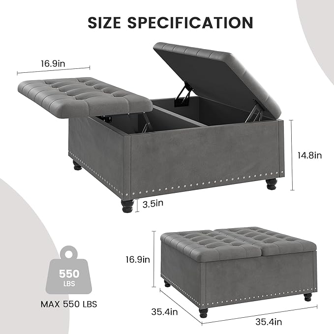 FUXA 35 Inch Large Square Ottoman with Storage, Oversized Ottoman Coffee Table with Lift Top and Wood Legs, Tufted Upholstered Storage Ottoman Bench for Living Room (Gray)