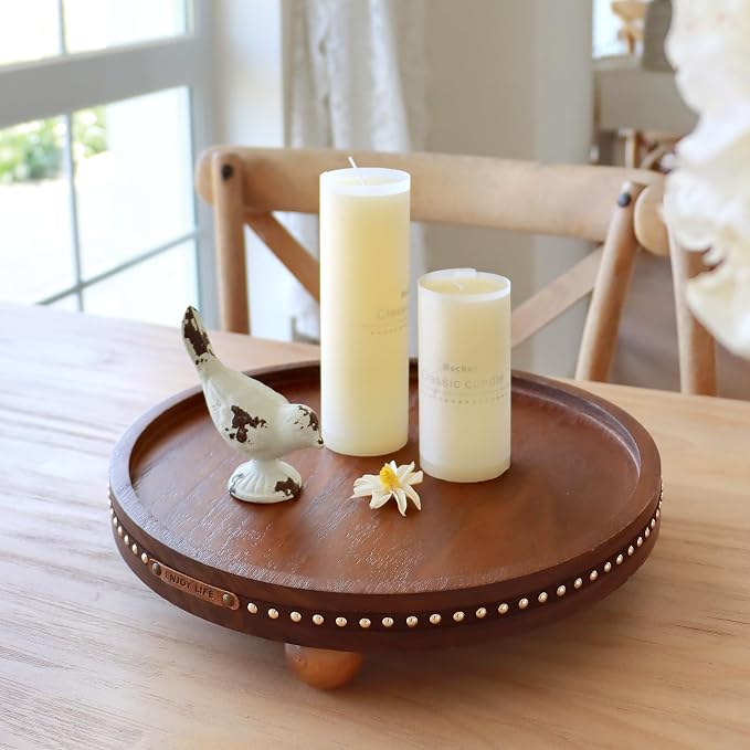 Farmhouse Decorative Round Tray, 11.81 Inch, Versatile Centerpiece Tray for Coffee Table Kitchen Living Room Bathroom, Home Decor Accent Brown Color