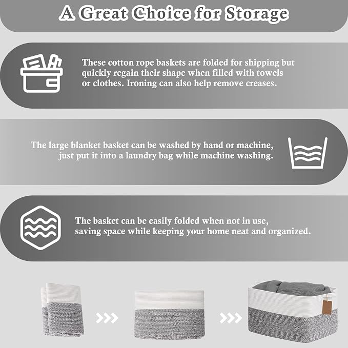 Goodpick Woven Storage Baskets for Organizing 22”x17”x12” Large Blanket Basket for Living Room Home Decor, Rectangle Rope Toy Basket for Kids, Gift Baskets Empty with Handles, Gray