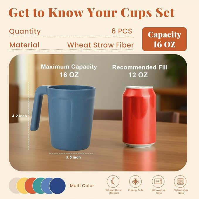 Homienly Wheat Straw Coffee Mugs, Alternative to Plastic Coffee Cups, Set of 6, Unbreakable Camping Coffee Mugs, 16 OZ Cups for Tea, Coffee, Milk, Dishwasher and Microwave Safe Kids Mug, Multi