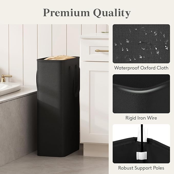 Lifewit Slim Laundry Hamper, Narrow Small Laundry Basket with Handle for Dirty Clothes, Collapsible Tall Thin Laundry Bin for Bathroom Bedroom Dorm College, 65L, Black