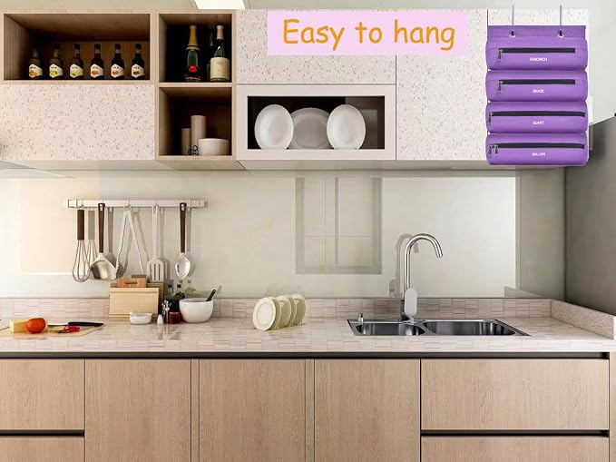 Zipper Bag Organizer Compatible with Gallon, Quart, Sandwich & Snack Food Storage Bag, Kitchen Plastic Bag Storage Organizer for Kitchen RV Camper (Purple)