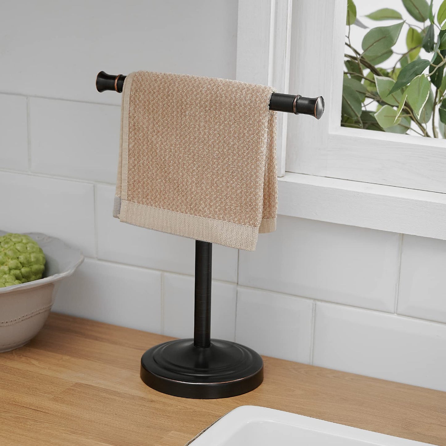 RUMOSE 13 Inch Oil Rubbed Bronze Towel Stand Hand Towel Holder Bathroom Kitchen Vanity Countertop T-Shape Towel Rack Free Standing Stainless Steel Towel Bar Towel Ring