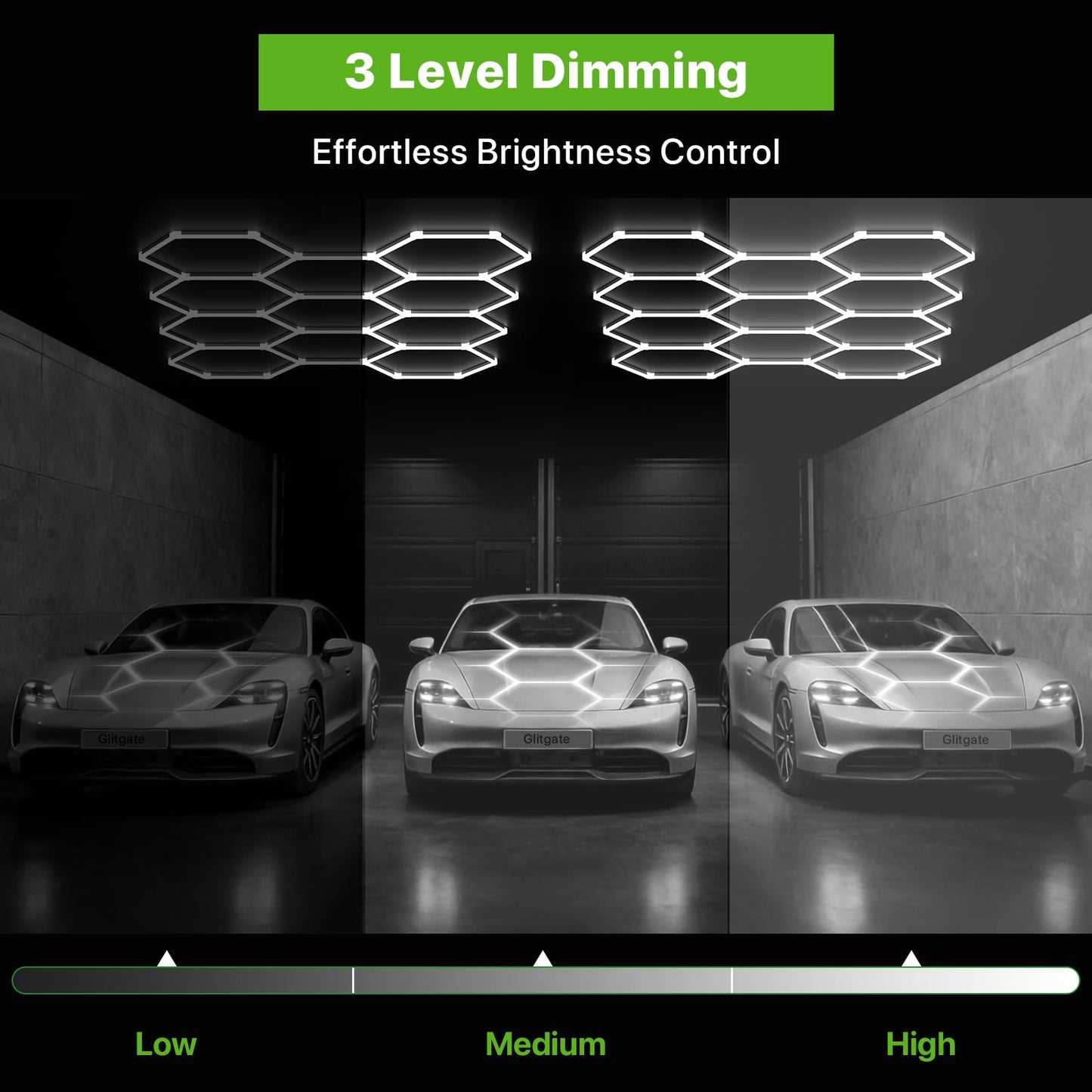 Glitgate Hexagon Garage Lights: 3 Level Dimmable 11 Hex Grid Light Shop Light 322W 35420LM, 6500K Daylight White Honeycomb Ceiling Lighting System, Super Bright Garage Lights LED for Workshop
