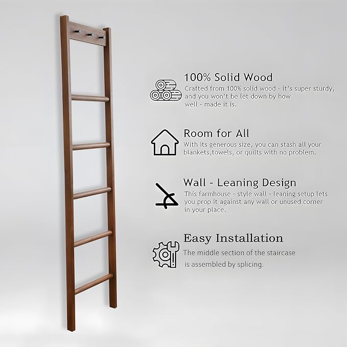 Wooden Blanket Ladder - Natural & Motley Wood - Leaning Wall Decor for Bedroom, Bathroom, Living Room - Rustic Quilt Holder & Towel Rack (Walnut Color + Hook, 76in（5-Tier）)