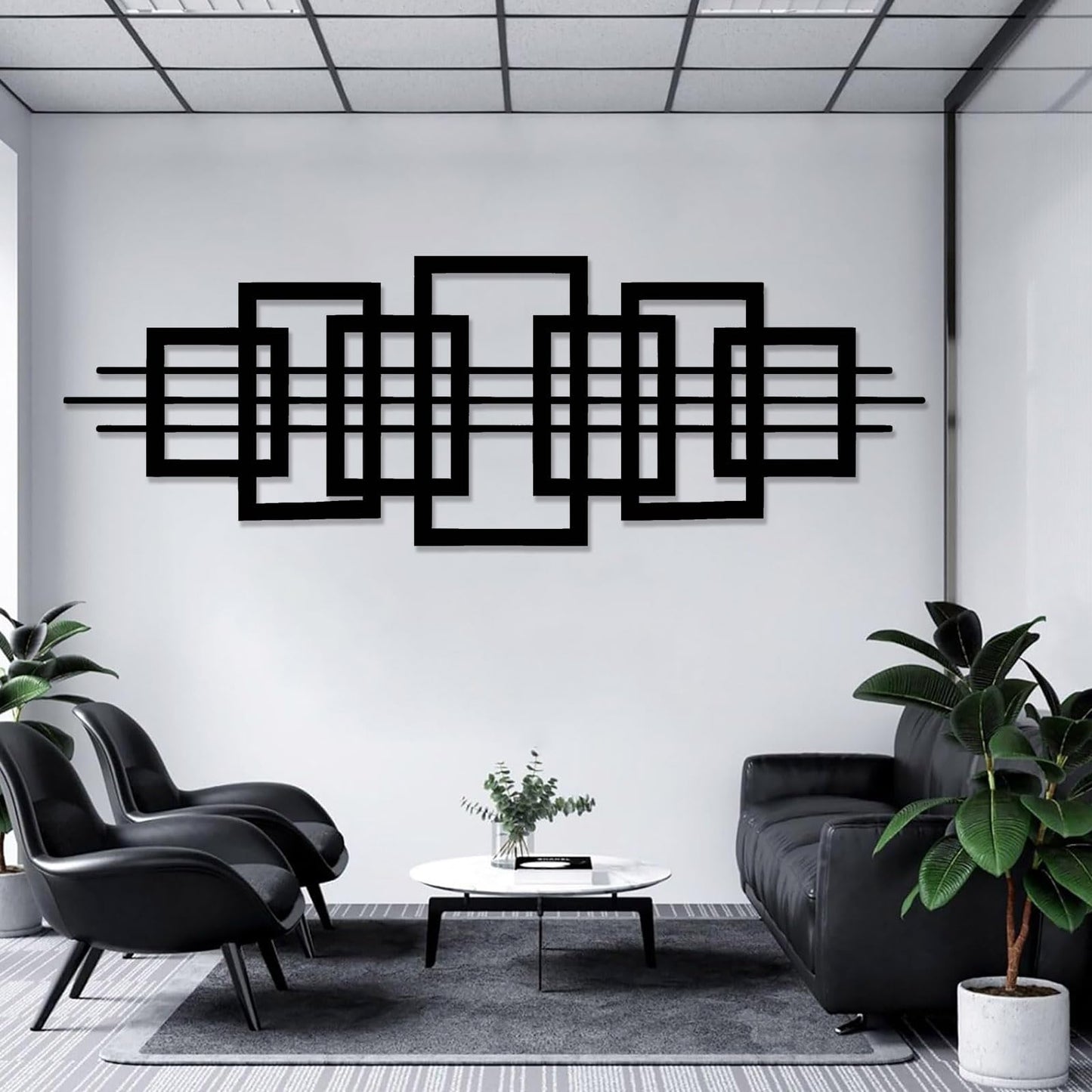 Square Metal Wall Art, Luxury Modern Metal Wall Art, Geometric Square Metal Wall Hanging, Abstract Wall Art, Geometric Wall Art, Office Living Room Decor, Housewarming Gift (12"x35"|30x90cm, White)