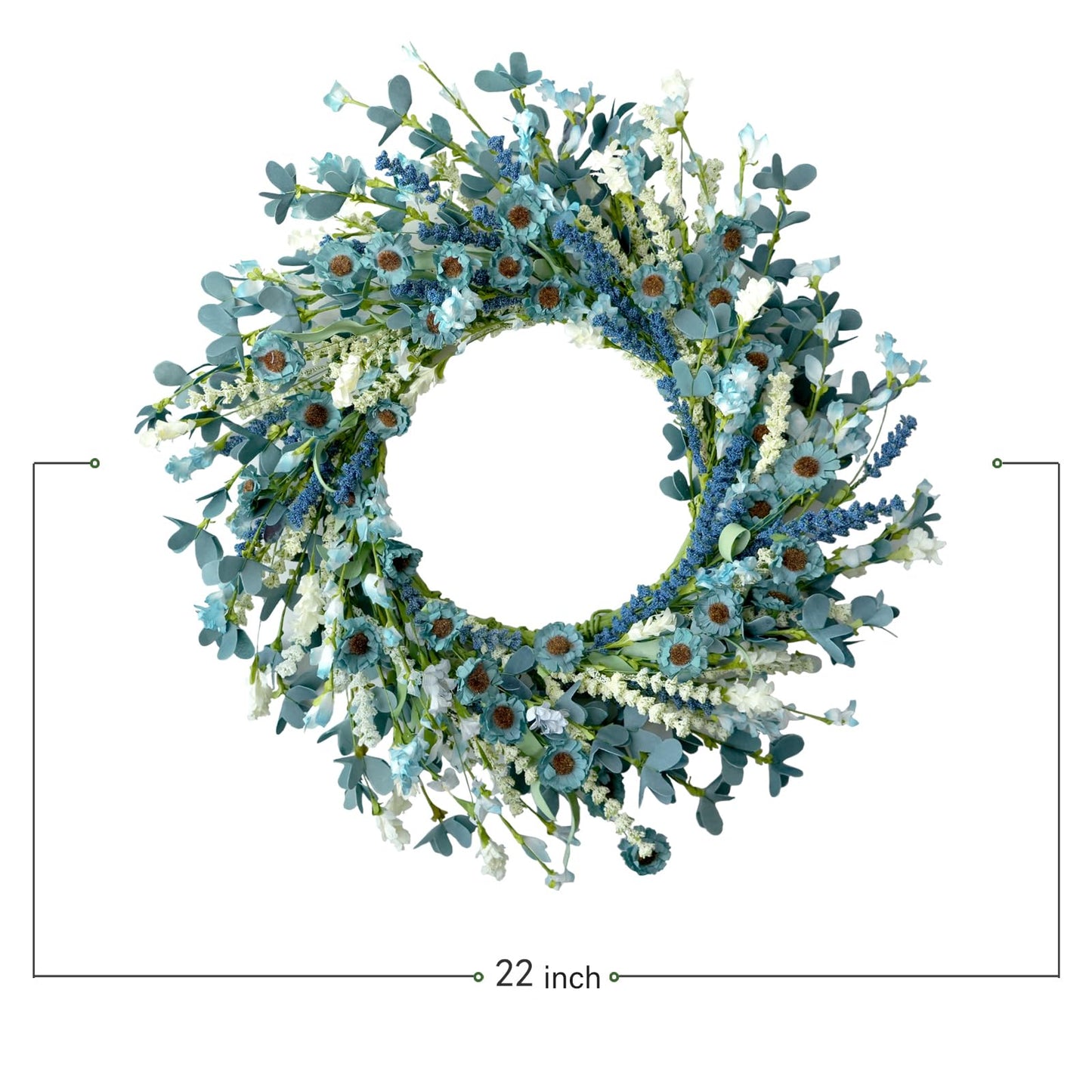 Bibelot 22 Inch Spring Wreath Blue with Green Leaves Wreaths Blue Daisy Artificial Grains White Flower Wreath for Front Door Wreaths,Farmhouse Decor Indoor&Outdoor Wedding Wall Home Decor