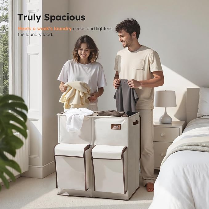 SOLEDI Double Laundry Hamper with Lid, 47.8 Gal (180L) Large Laundr Basket 2 Section with 2 Side Pockets, Dirty Clothes Hamper with Removable Bag, Easy to Carry for Laundry Room, Bedroom, Beige