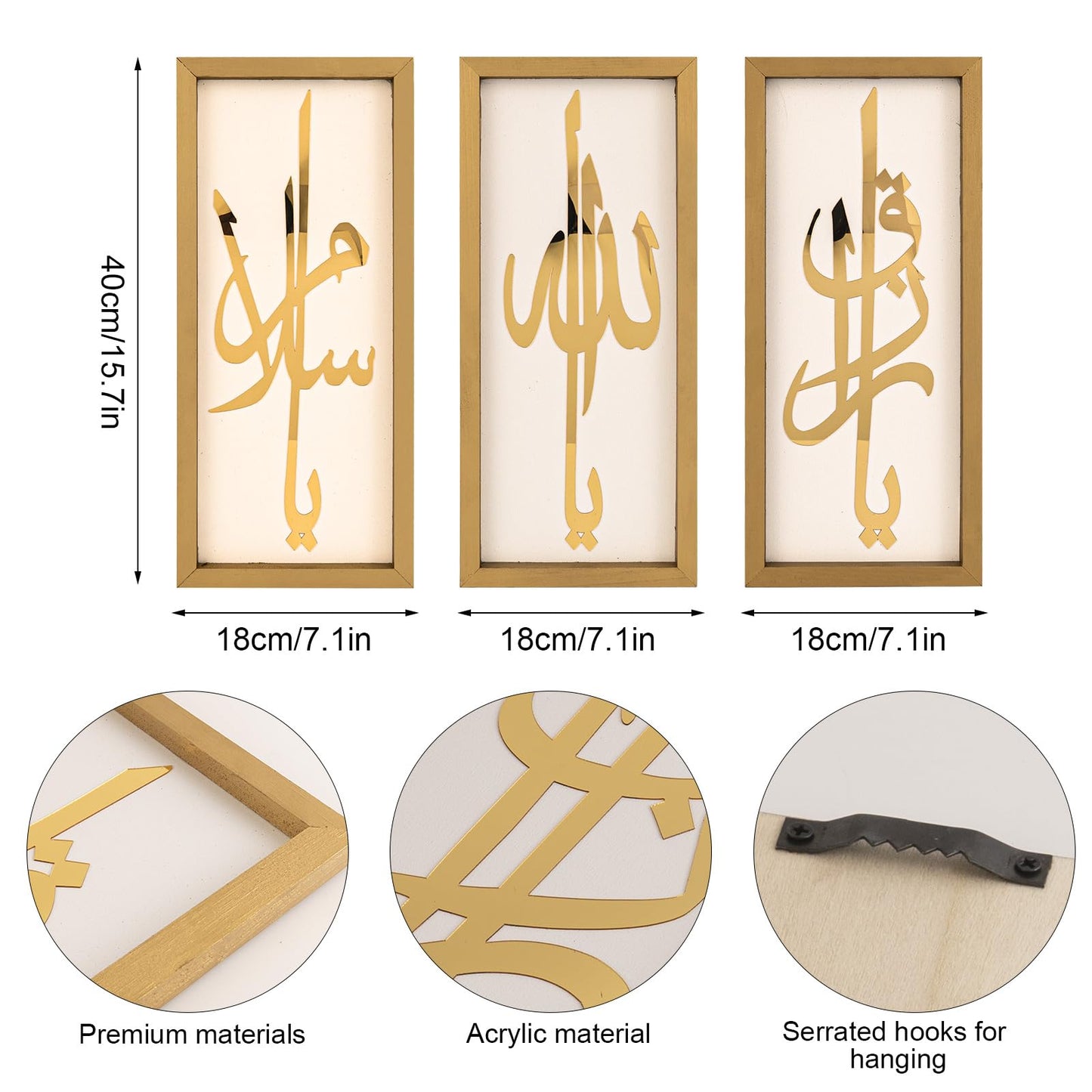 flangairy Set of 3 Islamic Wall Art, 15.7×7.1 Inch Gold Acrylic Arabic Calligraphy Allah Muhammad Ali Wooden Muslim Wall Decor, Eid Ramadan Living Room Bedroom Decorations for Home, Housewarming Gift