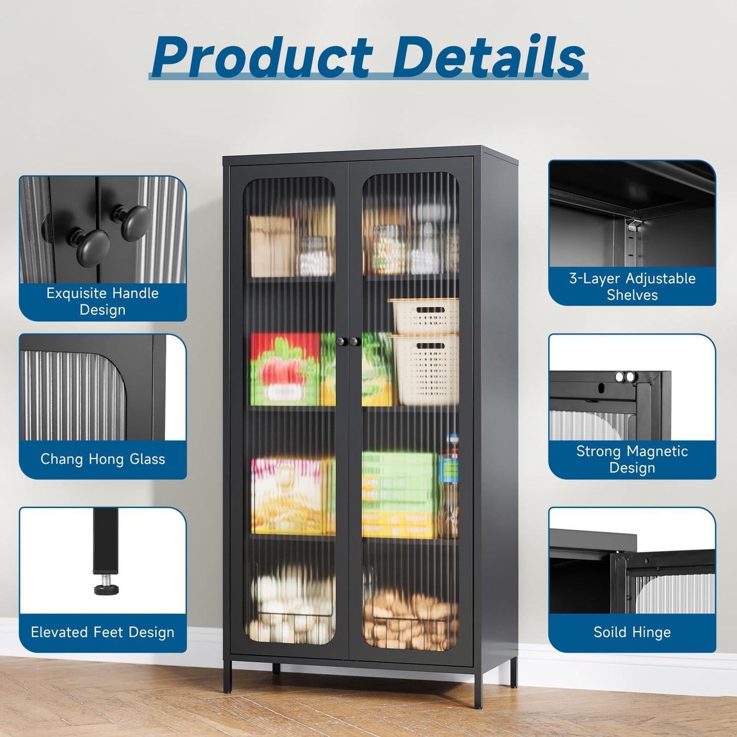 PEUKC 63'' Kitchen Pantry Storage Cabinet, Display Cabinet with Glass Doors and 3 Adjustable Shelves, Metal Kitchen Hutch Storage Cabinet for Dining Room, Living Room (Black)