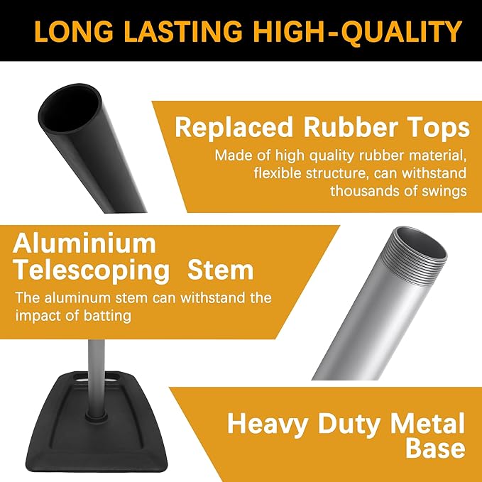 Baseball Tees for Hitting Adjustable Height Batting Tee 24" to 45" Easy Assemble Softball Tee with Rubber Top Heavy Duty Metal Base Hitting Tee for Kids/Youths/Adults