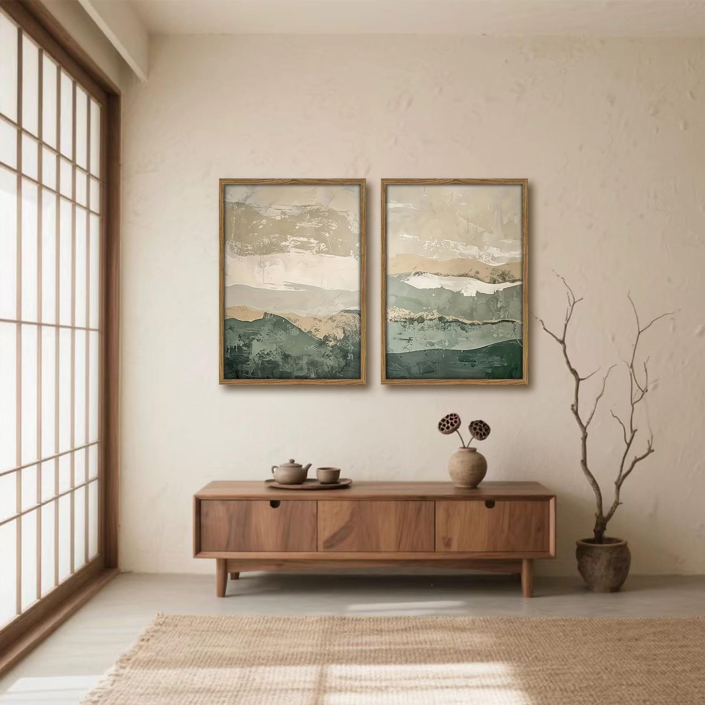 Framed 2Pcs Green Abstract Wall Art with Wood Frame Rustic Landscape Canvas Print Earth Tones Farmhouse Painting Picture Wall Decor for Living Room Bedroom Office12x16 Inches