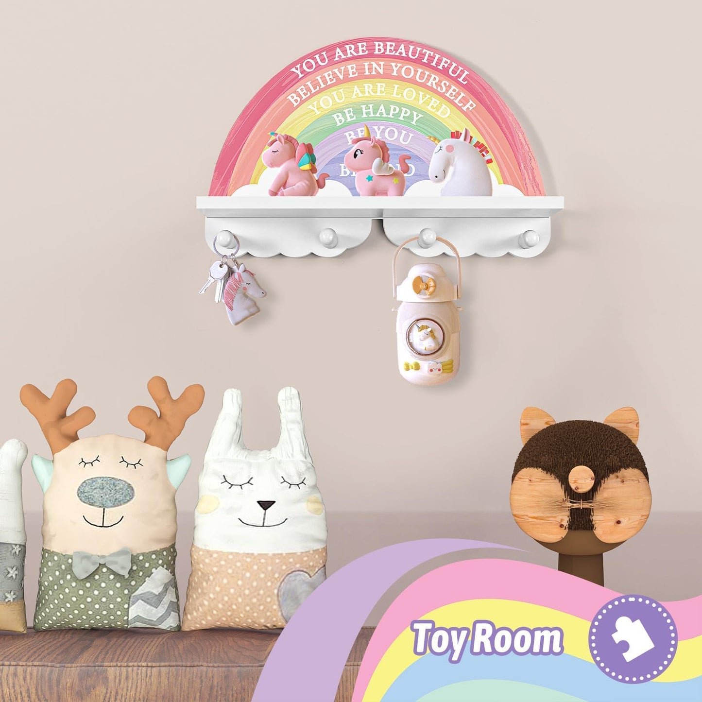 Garybank Rainbow Shelf Decor for Girls Room Wall, Wooden Rack with 4 Pegs Hooks - Wall Mount Coat Rack, Boho Rainbow Classroom Decor, Bedroom & Bathroom Decoration, Unicorn Girl Gifts for Christmas