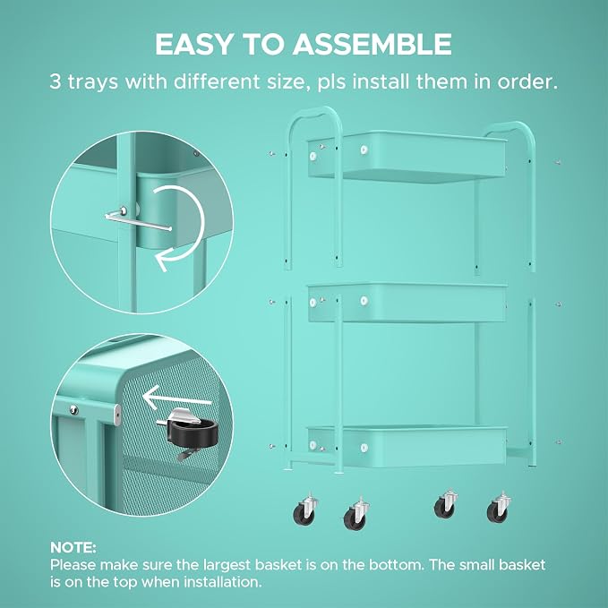 MAX Houser 3-Tier Rolling Utility Cart with Caster Wheels,Easy Assembly, for Kitchen, Bathroom (Turquoise)