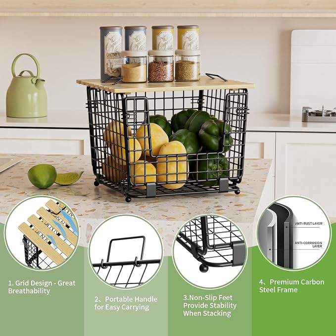Wire Storage Basket for Kitchen Pantry: GGIU Stackable Kitchen Counter Organizers - Wire Organizing Bin for Produce Fruit Vegetable Potato and Onion Black