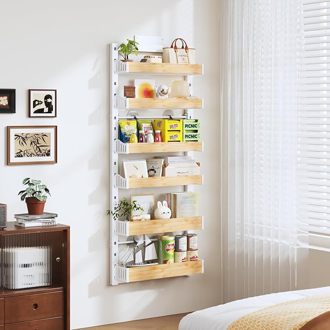 6-Tier Over The Door Pantry Organizer, Heavy-Duty Metal Wall Mount or Hanging Spice Rack, behind the door storage Shelves with Adjustable Basket, Back of Door Organizer for Kitchen Cabinet and Closet
