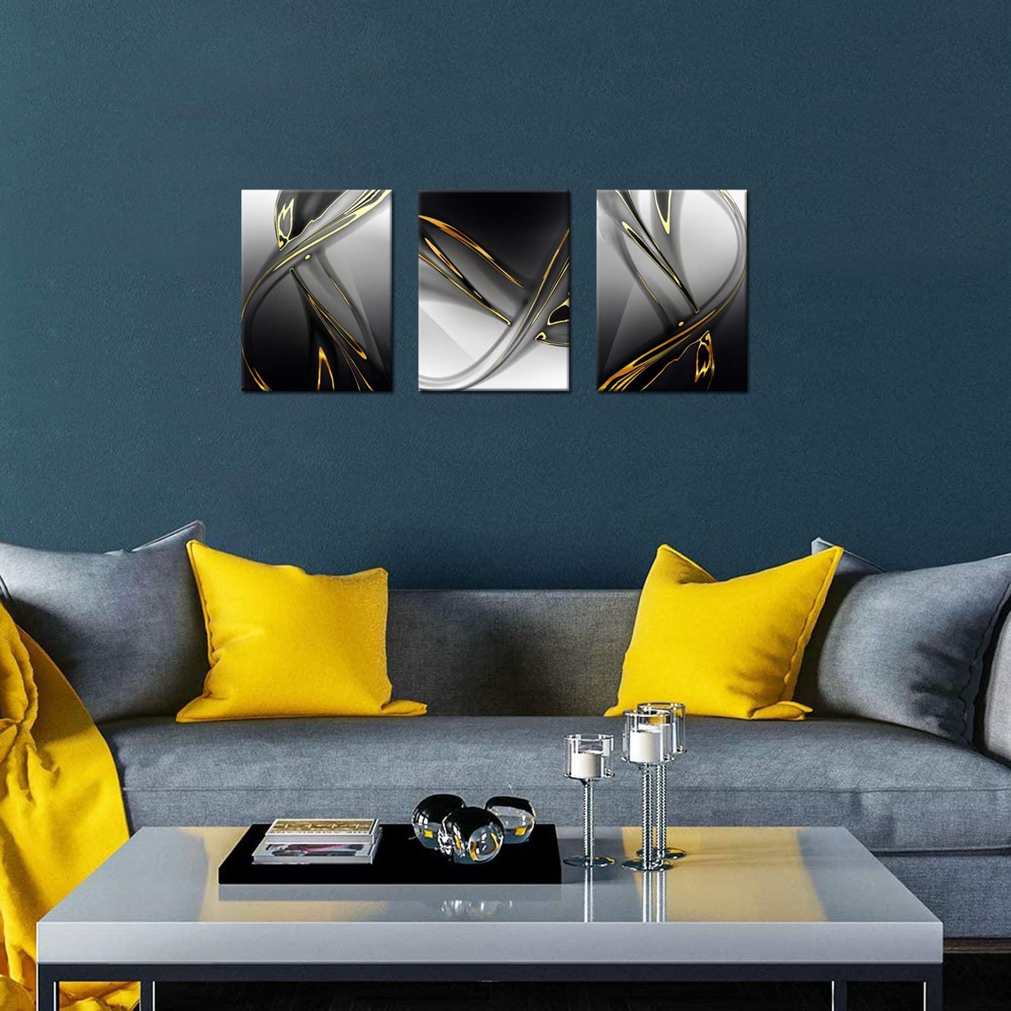Biuteawal 3 Piece Canvas Print Gold Modern Abstract Wall Art Decor Black and White Artwork Canvas Painting Prints Pictures Home Office Living Room Bedroom Decoration Gallery Wrap Ready to Hang
