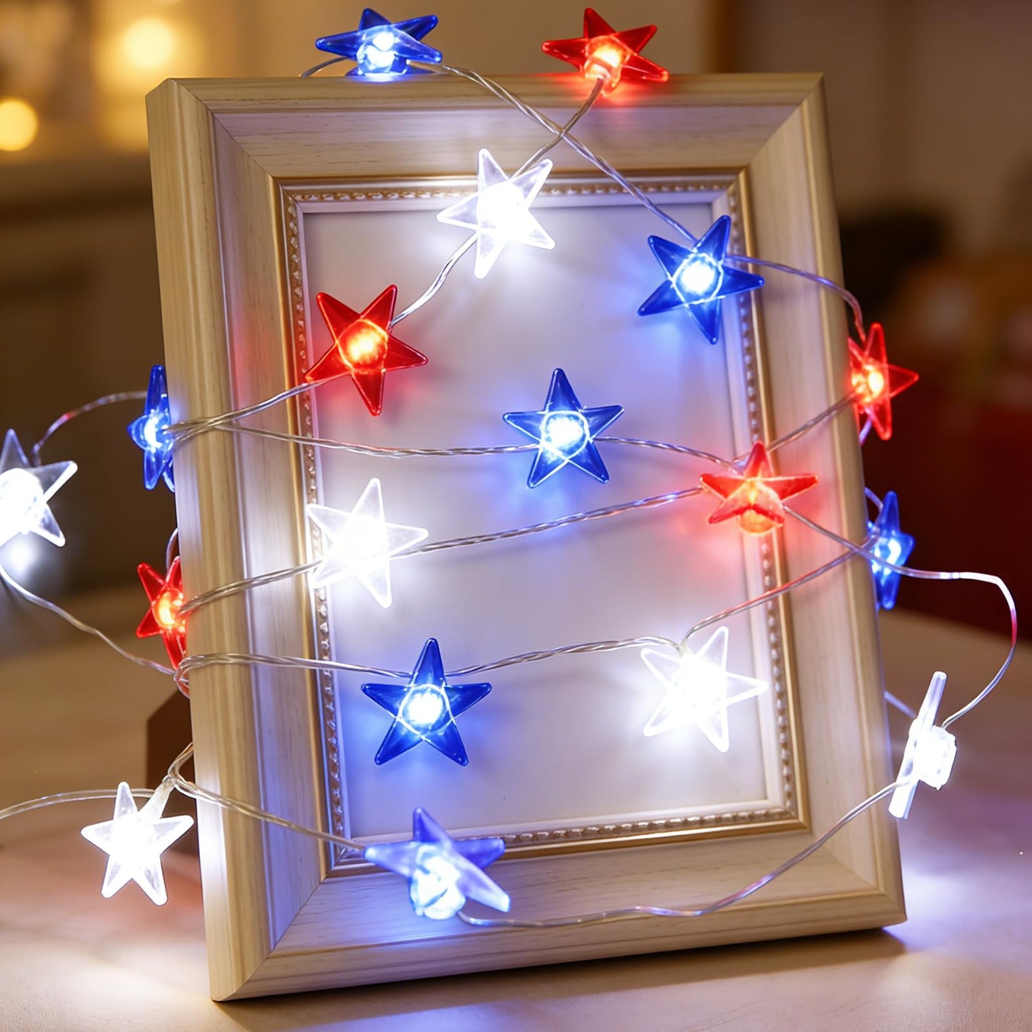 JUSTPRO 100 LED Patriotic Star Lights with Flexible Copper Wire, Plug-in Powered, 8 Lighting Modes for National Day Holiday Indoor Outdoor Decor