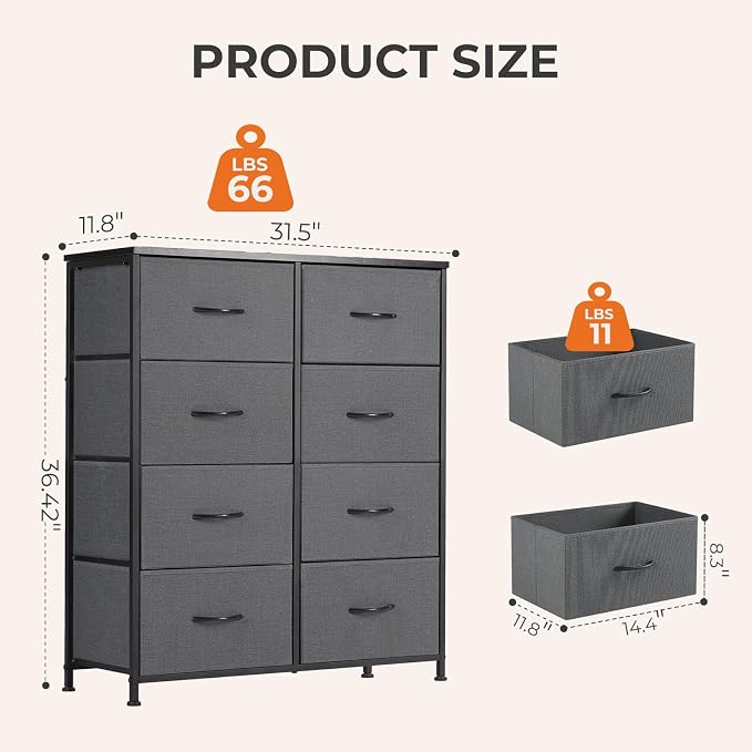 Sweetcrispy Dresser for Bedroom, Fabric Dresser with 8 Drawers, Chest of Drawers for Closet, Living Room, Sturdy Steel Frame, Wooden Top, Easy Pull Handle, Ash