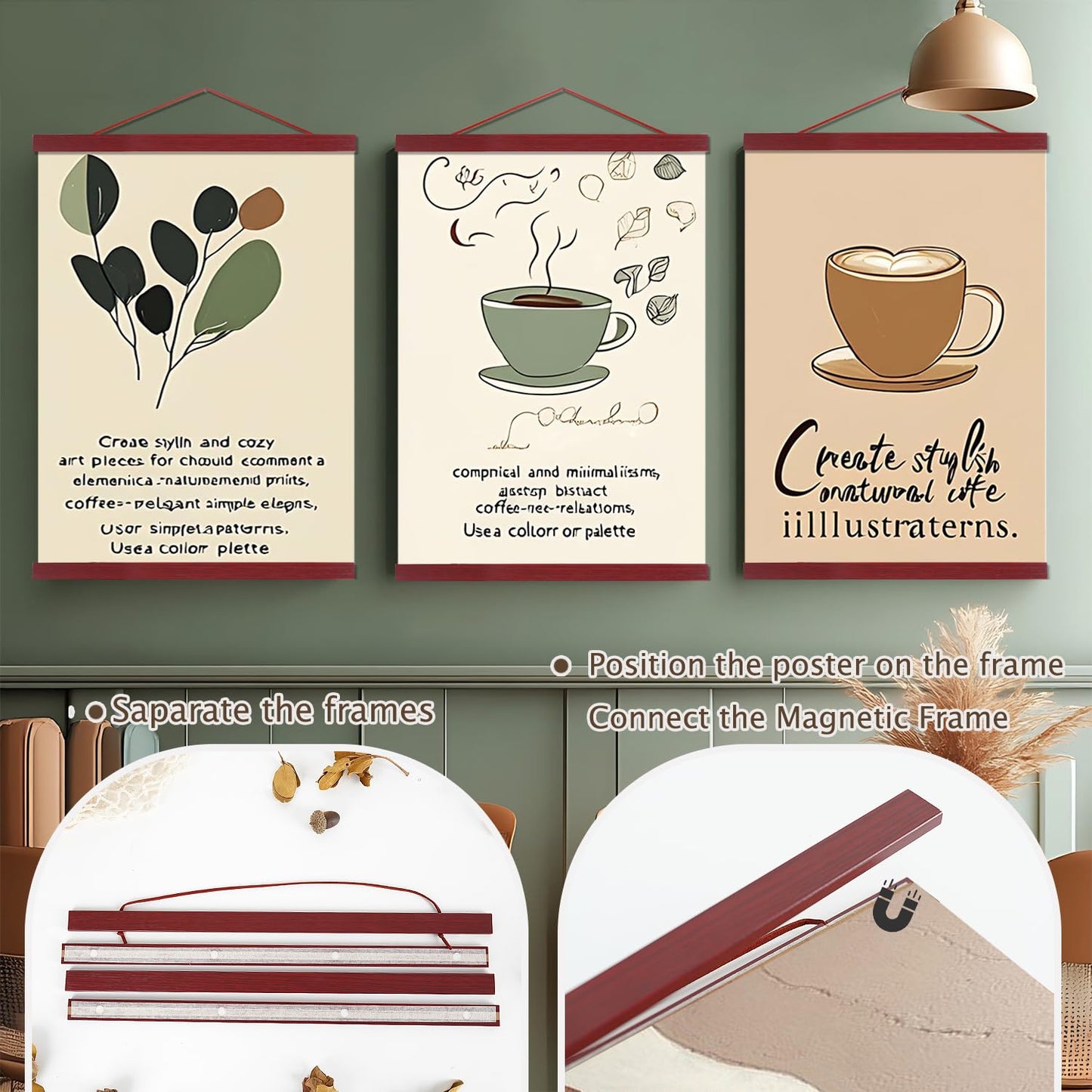 Artmag 2 Pack Magnetic Poster Hanger Frame, 8x10 8x12 8x24 Light Wood Wooden Magnet Canvas Artwork Print Dowel Poster Hangers Frames Hanging Kit (Mahogany, 8",2 Packs)