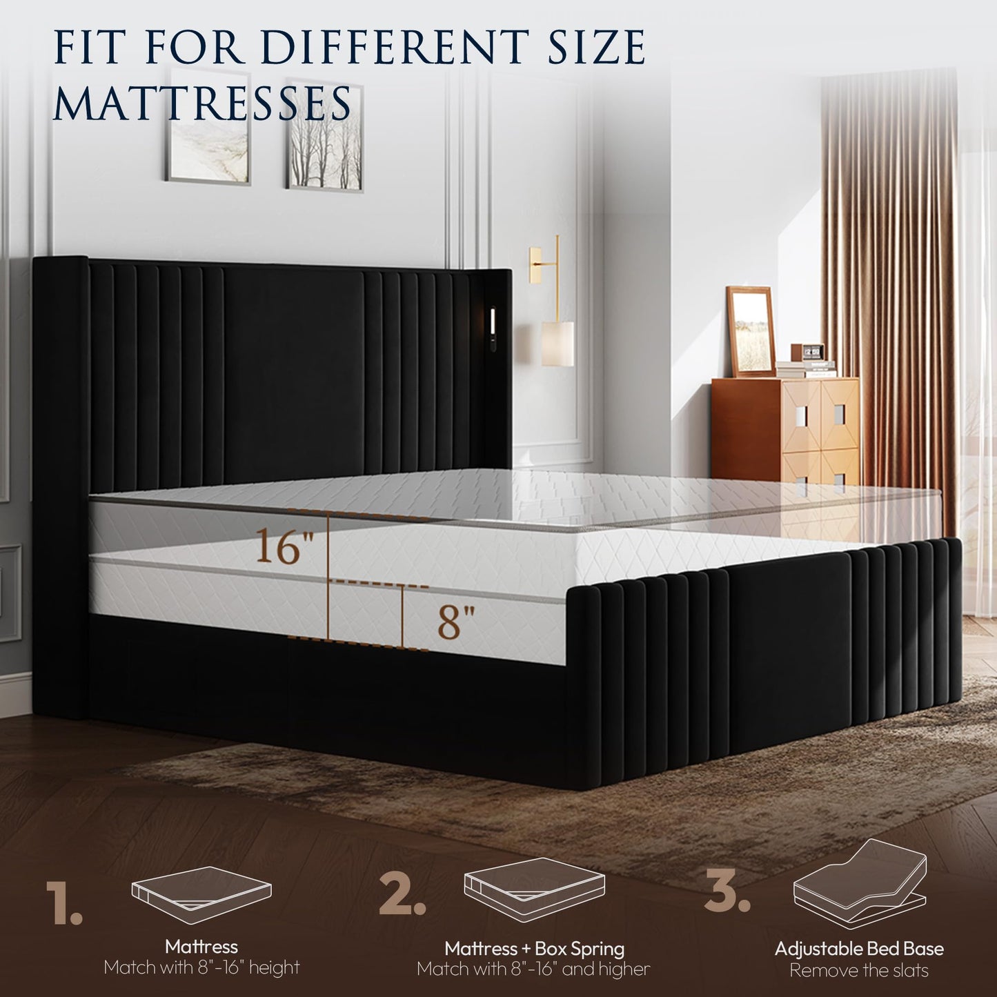Uteeran King Size Bed Frame with 55.1" Tall Headboard, Velvet Upholstered Platform Bed with Channel Tufted Wingback, 2 Reading Lights/Storage Shelf/Charging Station/Easy Assembly/Noise-Free, Black