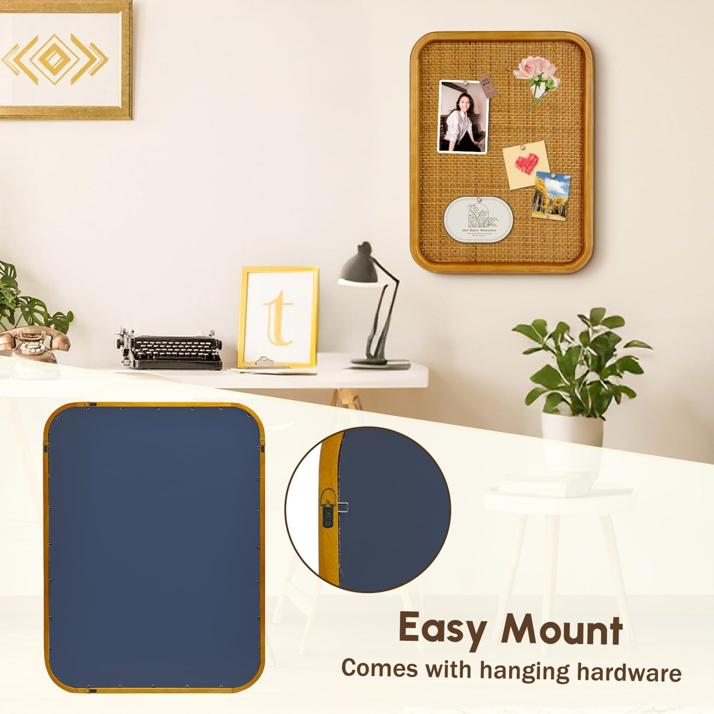 Umtiti 13" x 17" Bulletin Board, Round-Edged Rectangle Cork Board，Wooden Frame with Boho Style Rattan Wall Organizer,3343Teng