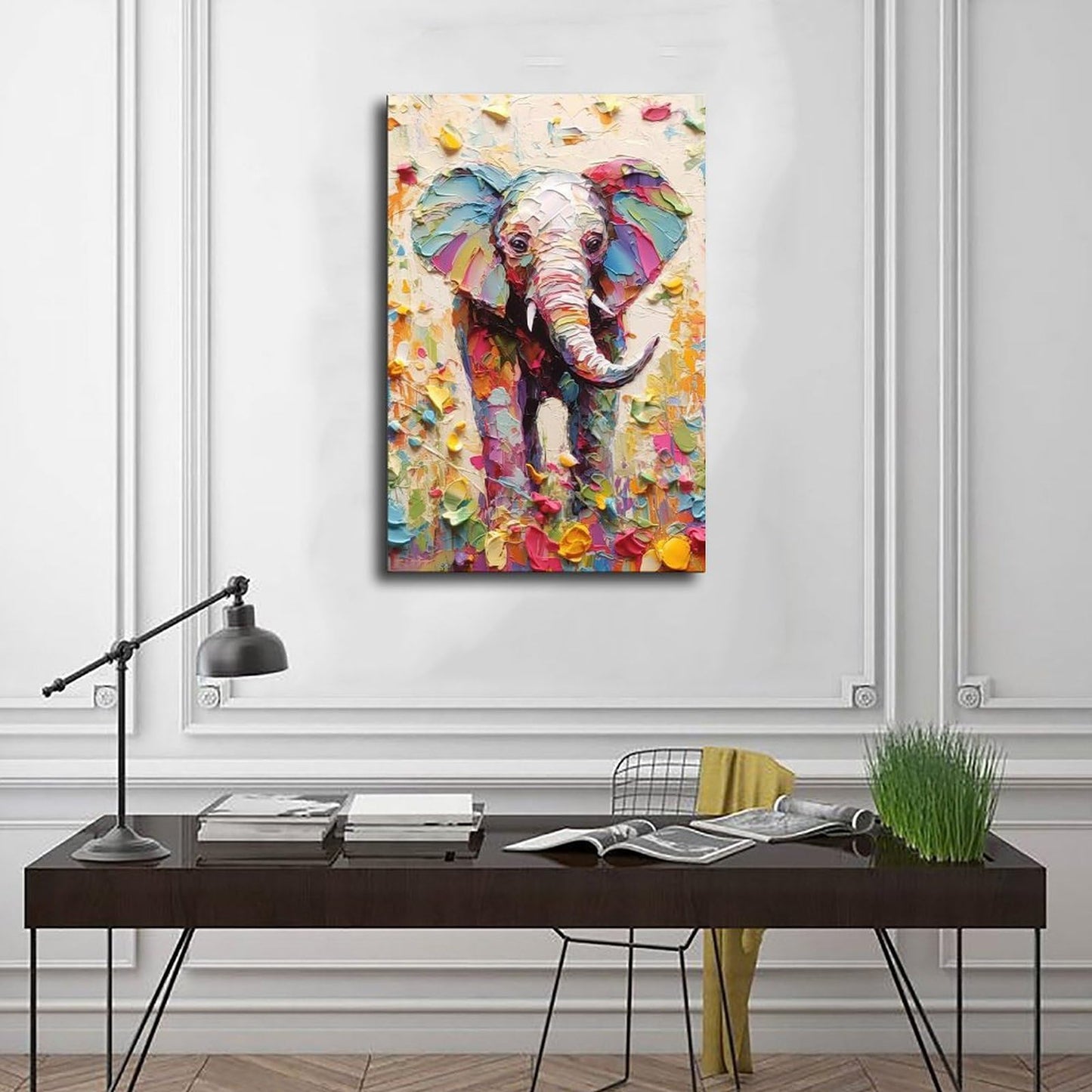 Fyzuf Elephant Wall Art - Oil Painting on Canvas, Cubism Style, Colorful Elephant Aesthetic, 12x18inch (30x45cm) Unframed