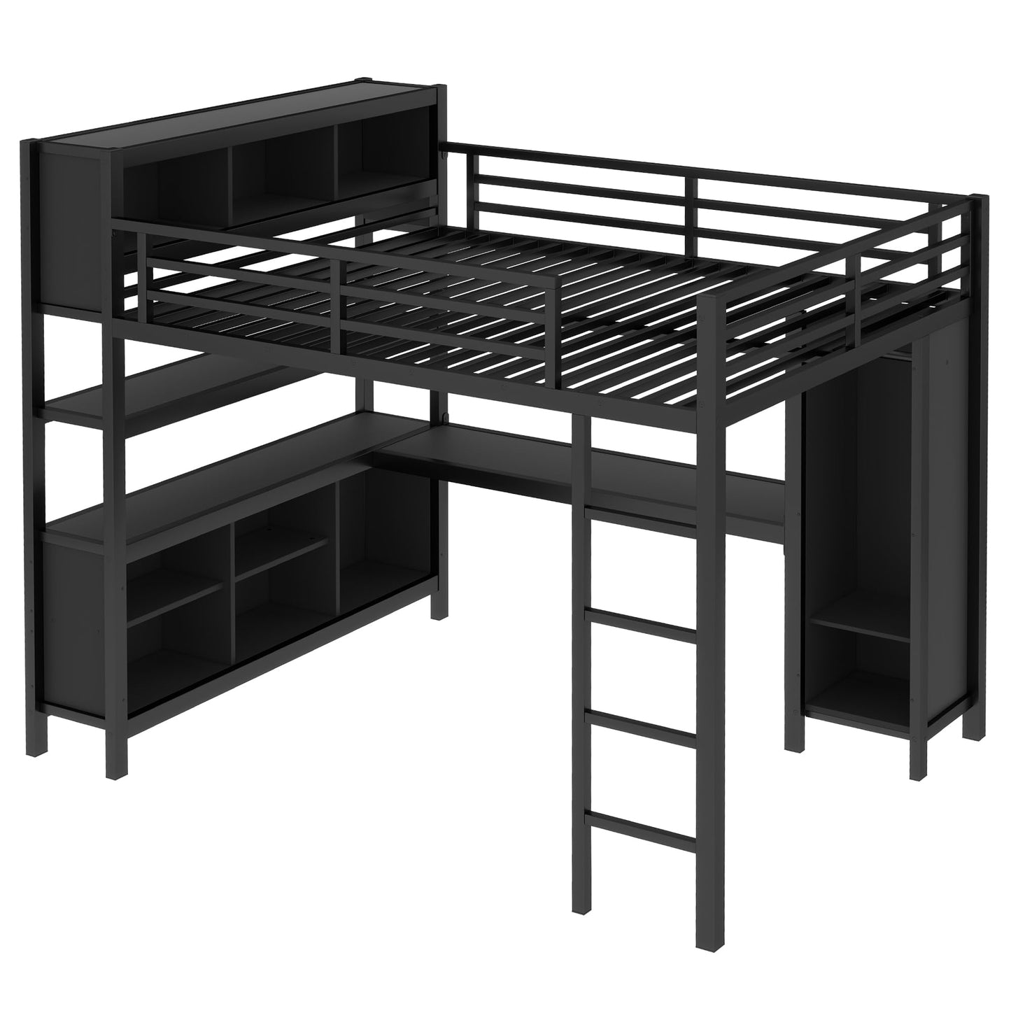 Queen Loft Bed with Wardrobe and Storage Cubes, Queen Size Loft Bed with Desk, Storage Shelf and Guardrail, Queen Size Loft Bed for Adults, Teens, Kids, Black