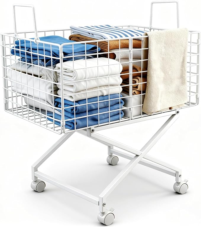 Rolling Laundry Basket with Wheels - 27" Elevated Wire Laundry Hamper, 80L Sturdy Metal Laundry Cart, 10-Min 8-Screw Assembly, Ergonomic No-Bending Mobile Clothes Bin for Laundry Room (White)