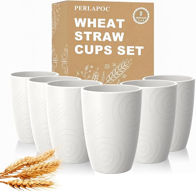 Wheat Straw Unbreakable Drinking Cups, 12 OZ Tumbler Set of 6, Lightweight Reusable Cups, Reusable Cups Alternative to Plastic, Dishwasher Safe Tumbler for Kitchen, Camping, RV, White