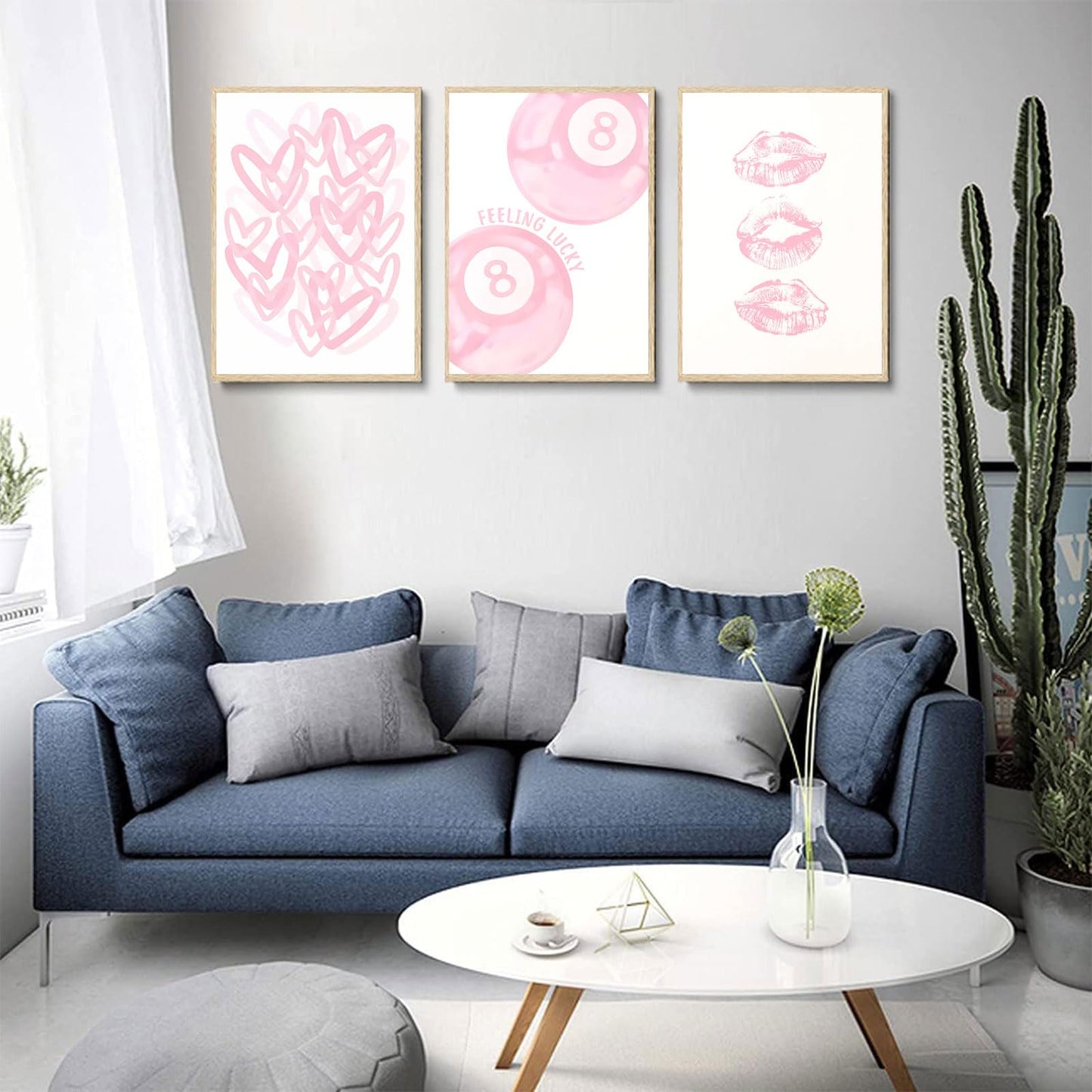 3Pcs Trendy Pink Preppy Canvas Wall Art Light Pink Cute Girly Lips Lucky 8 Ball Hearts Paintings Pictures Wall Decor Coquette Poster Printing Artwork for College Dorm Room Bedroom Home Decoration