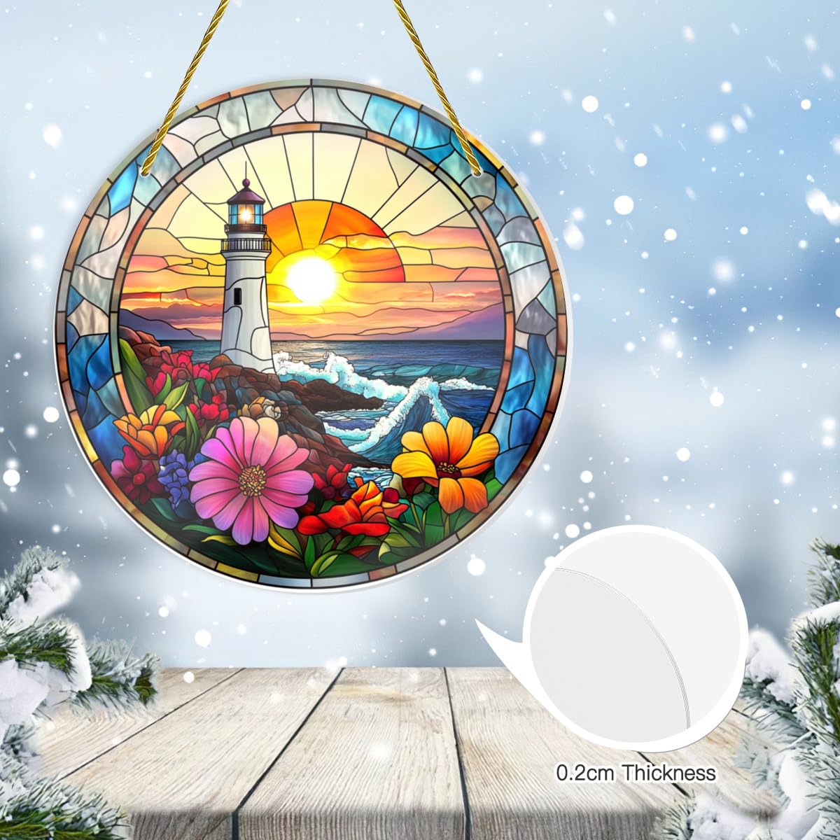Vextrovia Gothic Lighthouse Wall Art, Stained Glass Sunrise and Floral Circular Hanging, Medieval Styles Motifs, Easy to Hang, Shatterproof Acrylic for Coastal Living Room Decor, 8x8 Inch