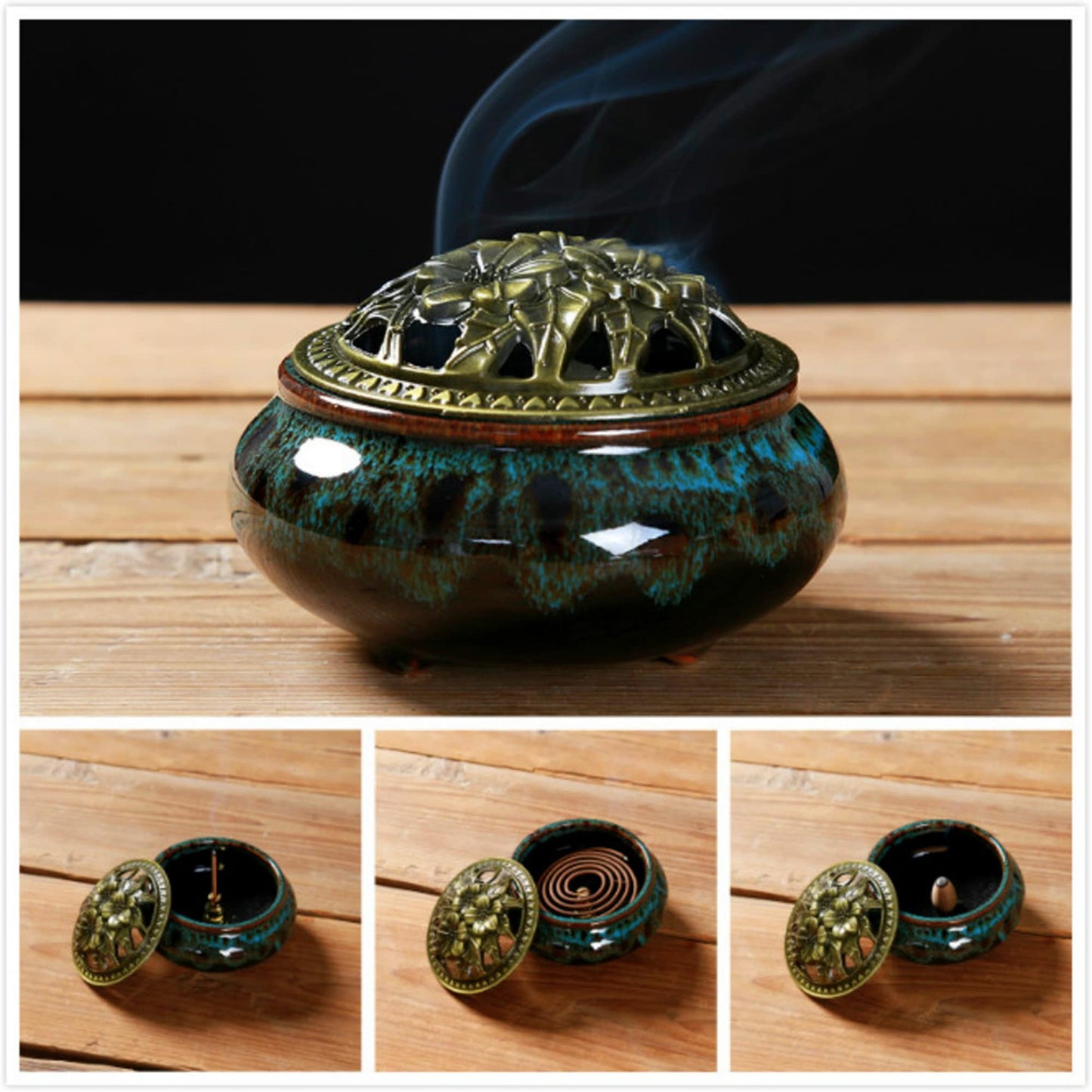 LamDawn Censer Sky Blue Incense Burner with Calabash Incense Stick Holder - Porcelain Charcoal Censer for Use with Resin Granular Powder Cone or Coil Incense (Blue Fambe)