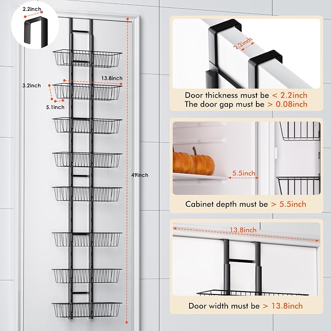 LUXEAR Over the Door Pantry Organizer, 8-Tier Adjustable Over the Door Hanging Spice Rack, No-Assembly Foldable Metal Over the Door Organizer for Kitchen, Home, Laundry Room, Bathroom
