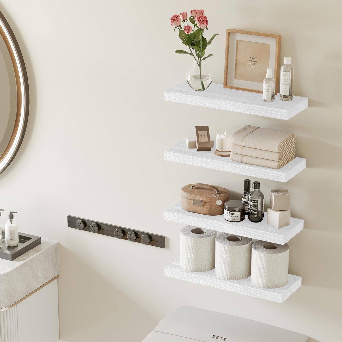 Fixwal White Shelves for Wall, 15.8in Rustic Wood Finish Floating Wall Shelves Set of 4, Shelves for Wall Decor, with Invisible Brackets for Bathroom, Living Room,Bedroom and Kitchen