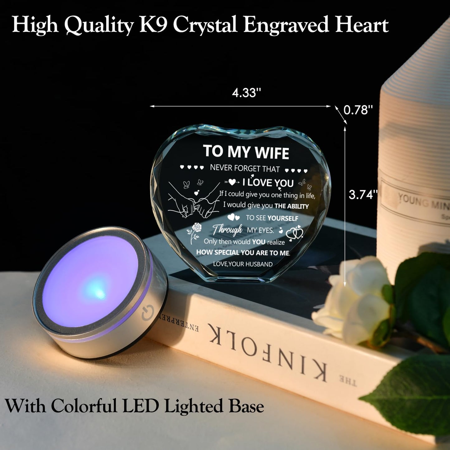 IFOLAINA Gifts for Wife I Love You Gifts from Husband Romantic Wife Birthday Gifts IdeasTo My Wife Heart Crystal Plaque with Lighted Base Wedding Anniversary Crystal Lamp