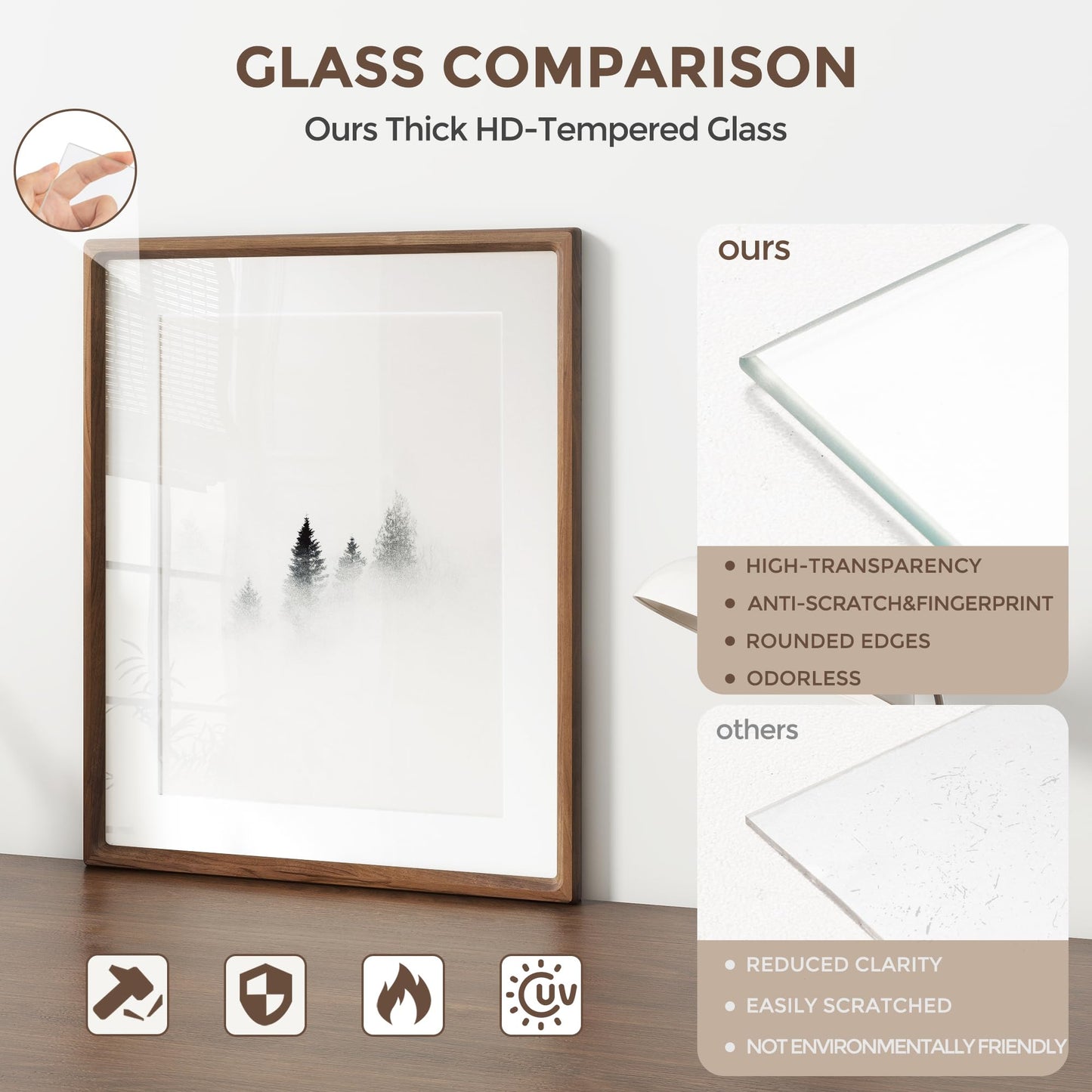 11x14 Picture Frame, USA-Sourced Natural Walnut Wood Photo Frame with Tempered Glass, Handcrafted Rounded Corner 11 x 14 Wooden Frame Matted to 8x10 Photos, Wall or Tabletop Display