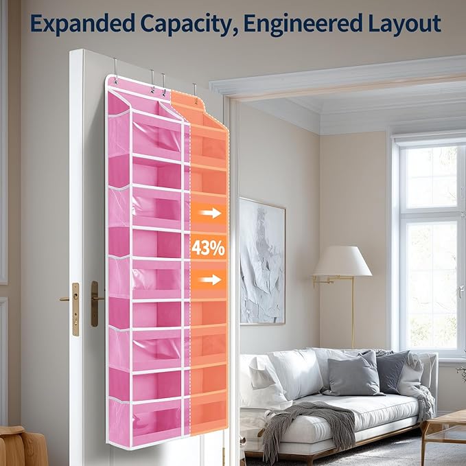 Yecaye 5-Tier Over The Door Organizer Dual-Column, 80lbs Load Stuffed Animal Storage of 10 Compartments, Heavy Duty Door Organizer Hanging for Bedroom Dorm Bathroom Pantry, Macaron Pink, 1 Pack
