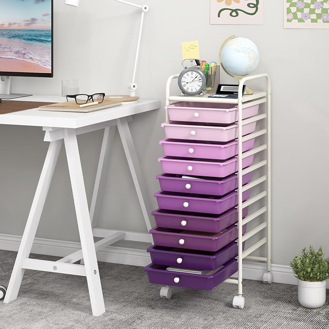 MEDIMALL 10 Drawers Rolling Storage Cart, Multipurpose Craft Storage Cart with Wheels, Mobile Tools Scrapbook Paper Organizer Cart for Office School Home Use