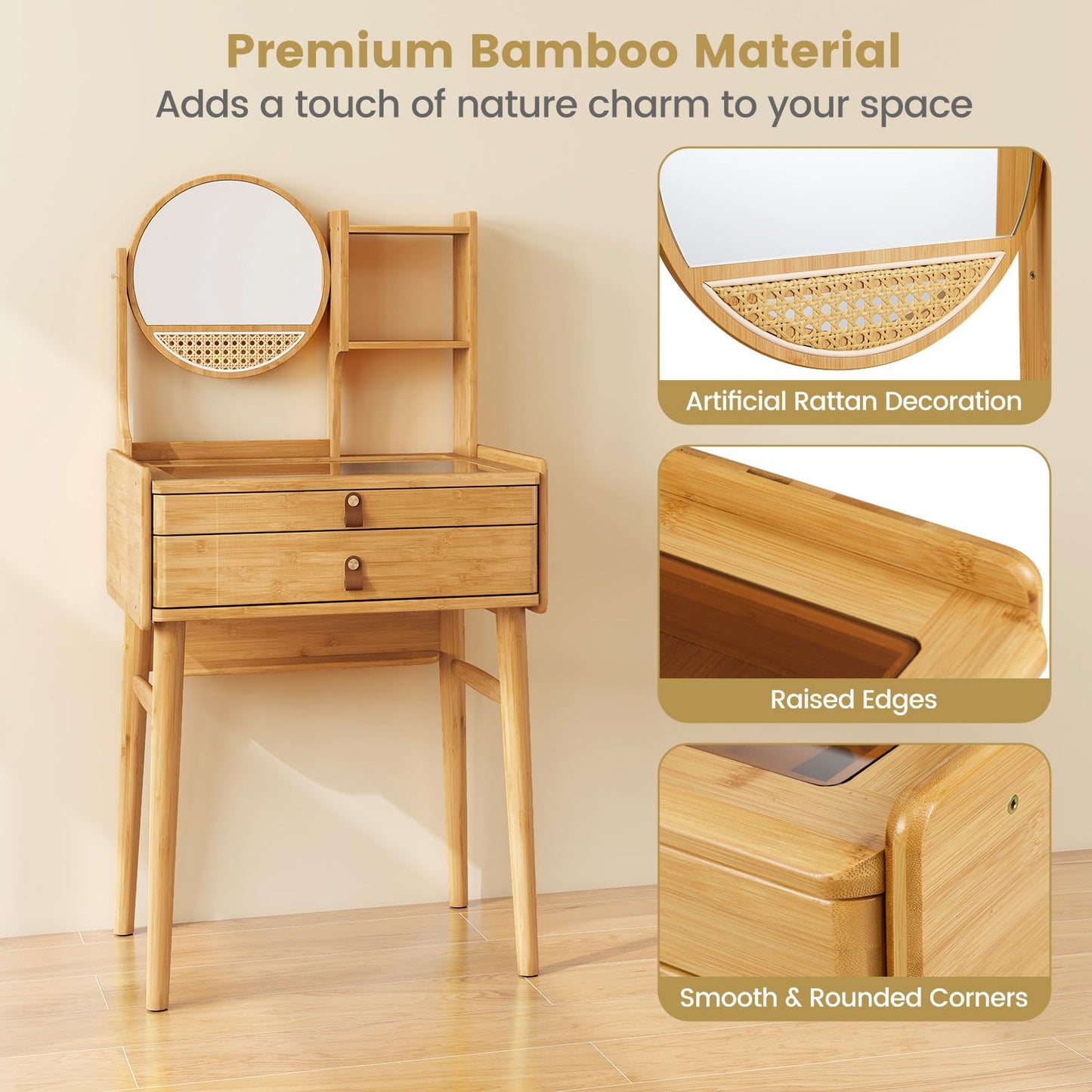 CHEFJOY Boho Vanity Desk with Mirror, Bamboo Makeup Vanity Table & Stool Set w/ 2 Storage Drawers, Hutch Shelves & Tempered Glass Table Top, Small Dressing Table Set for Bedroom