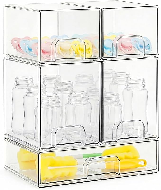 Bottle Storage Organizer Baby, Clear Stackable Storage Drawers Set for Baby Bottle, Beauty Supplies Storage, Ideal for Countertop, Vanity, Bathroom, Cabinet, Pantry Organization, 15.4" H, 5 Pack