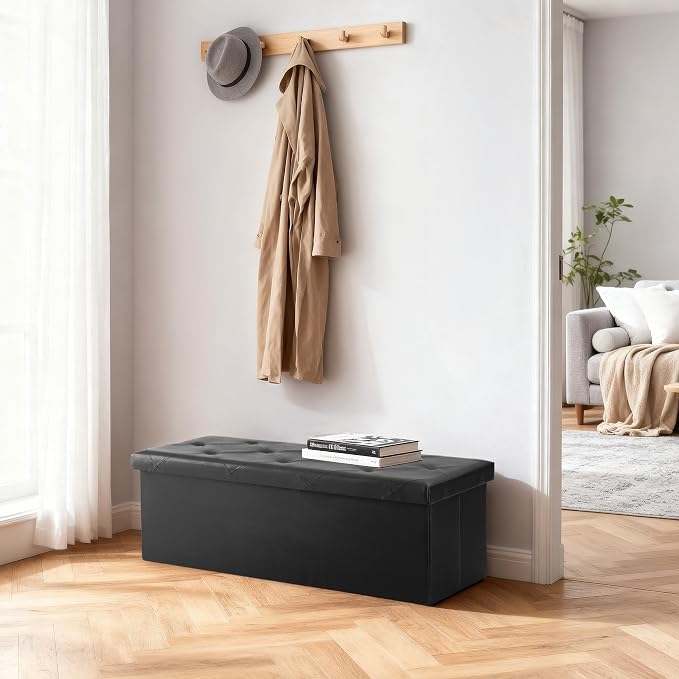 DUMOS 43 Inches Foldable Storage Ottoman Bench, Foot Rest Stool, Synthetic Leather Storage Chest with Thicker Foam Padded Seat for Entryway Living Room, Modern Black