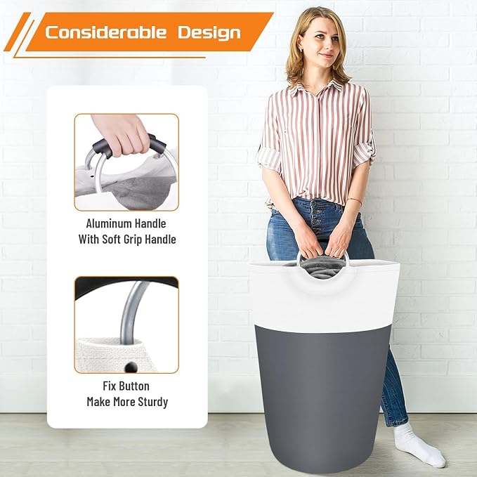 BlissTotes 75L Laundry Basket, Freestanding Laundry Hamper, Collapsible Dirty Clothes Hamper, Waterproof Fabric with Foam Protected Aluminum Handles for College, Dorm, Family (Gray)