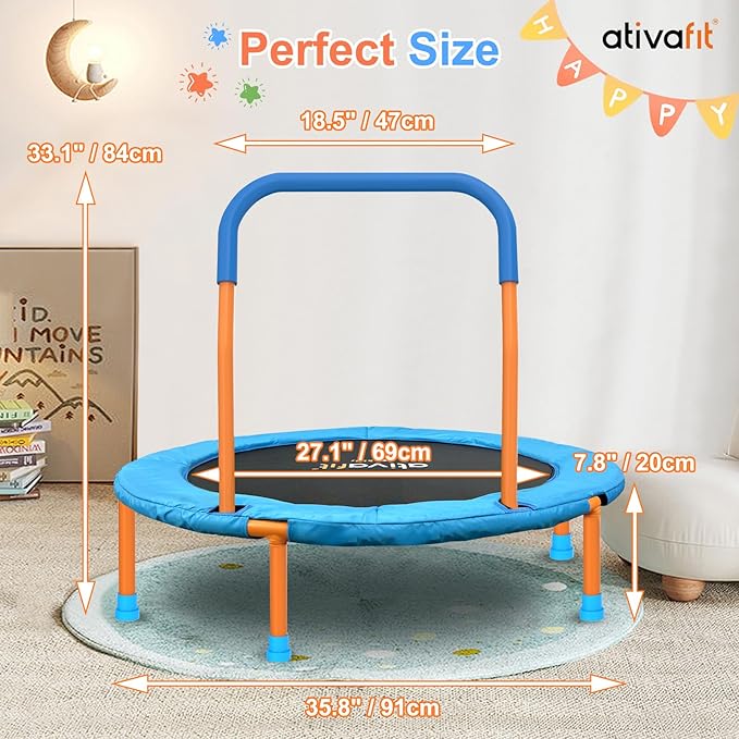 Ativafit 36inch Mini Toddler Trampoline for Kids Ages 2-6 Indoor Outdoor Folding Small Rebounder Trampoline with Foam Handle Safety Padded Cover Fun for Kids