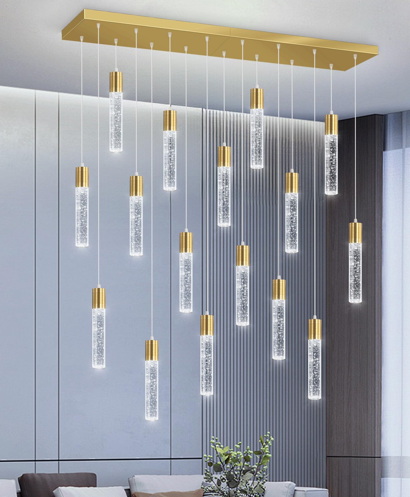 dolria 16-Lights Modern Crystal Rectangular Chandeliers LED Pendant Light for Kitchen Island High Ceiling Chandelier for Dining Room Entrance Foyer Living Room Gold
