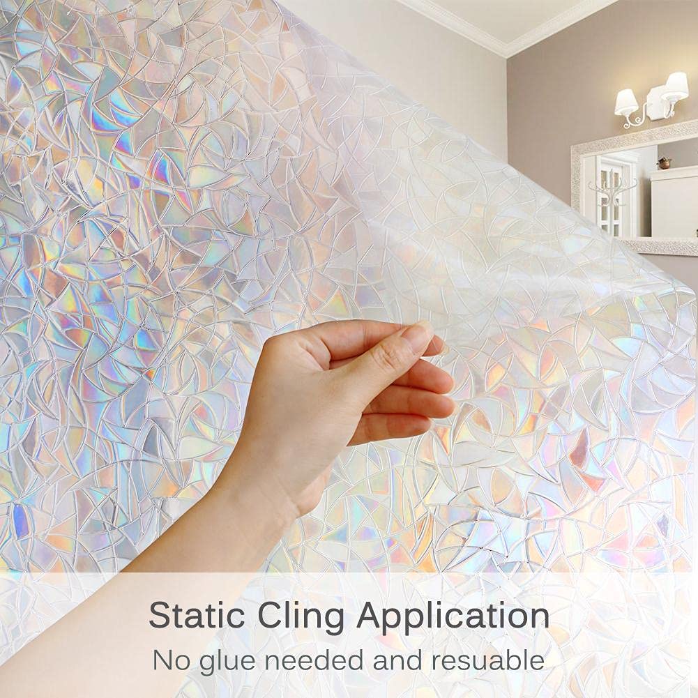 Volcanics Window Privacy Film with Installation Tools, Static Window Clings Vinyl 3D Decals Stickers Rainbow Window Film for Glass Door Heat Control Anti UV 17.5 x 78.7 Inches