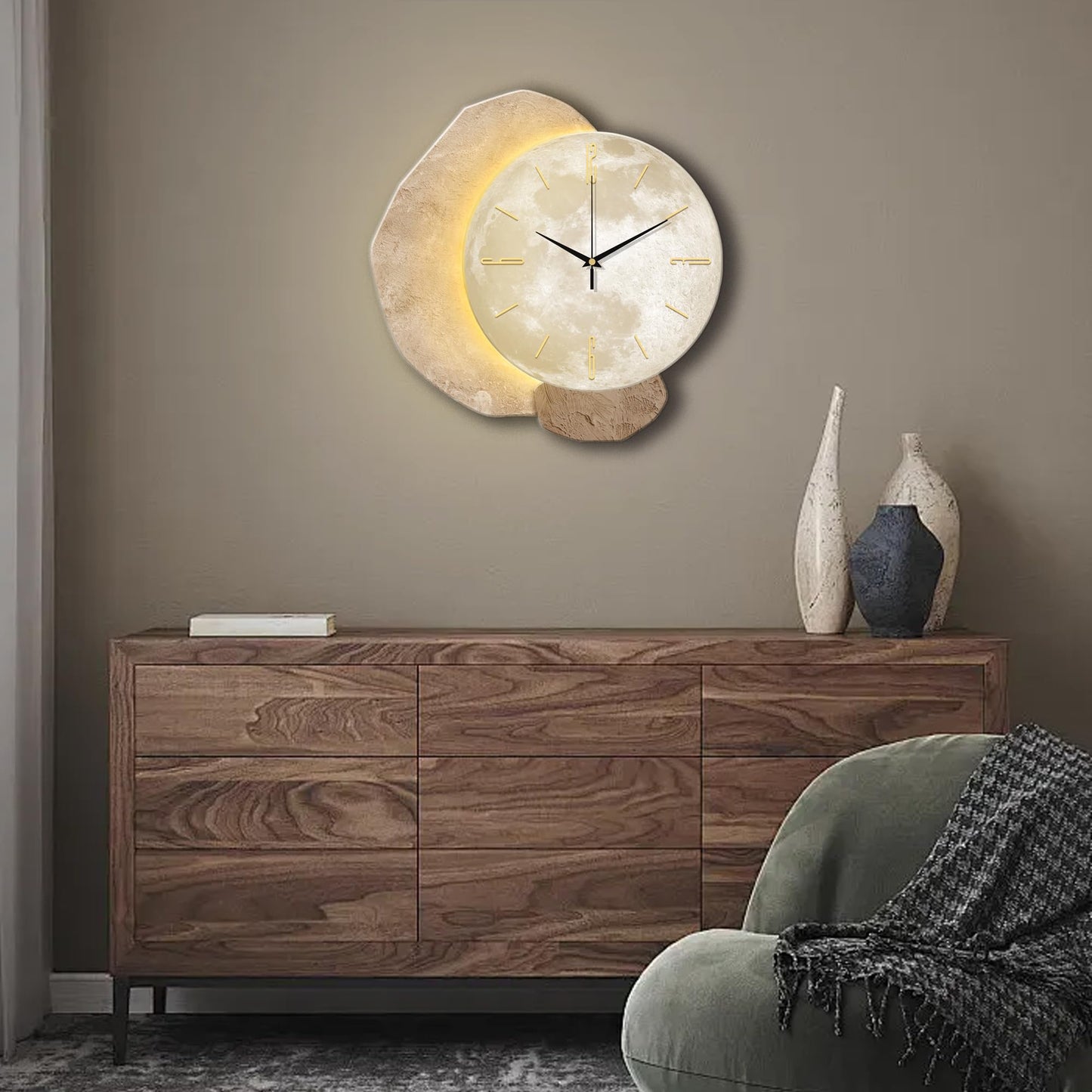 vrzpopi Silent Moon Wall Clock Non Ticking Battery Operated with Adjustable Night Light Operated by USB/Batteries for Living Room Bedroom Decor (Moon)