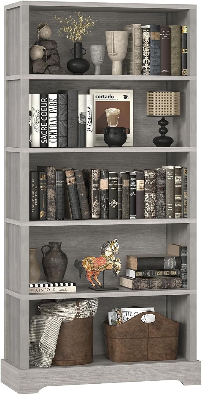 TVU 5-Tier Wooden Bookshelf, 65" Tall Farmhouse Style Open Bookcase, 31.5" W Standing Book Shelf with Storage, Suitable for Study, Living Room, Office, Grey