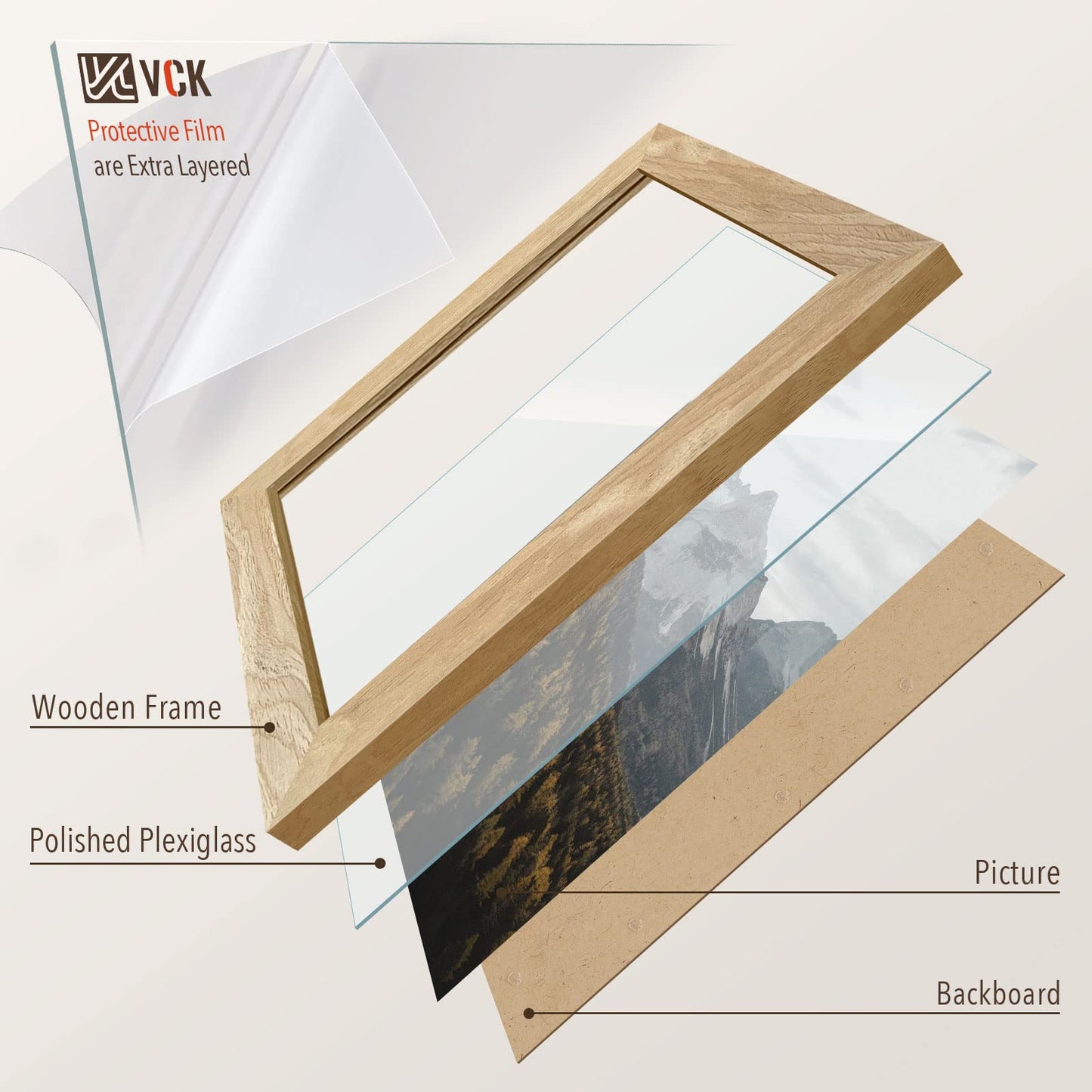 VCK 8x10 Picture Frame Set of 3, Natural Solid Wood Beige Frame with Exclusive Wood Grain, Tabletop Display & Wall Mounting for Home Decor